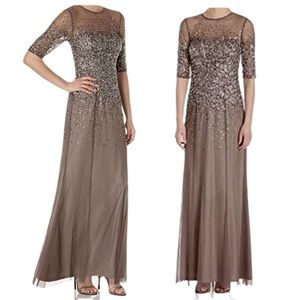Adrianna Papell 3/4 Sleeve Bead Illusion Gown Lead